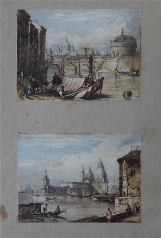 19th C. English School Views of Rome and Venice, 2 x 3in. framed as one.